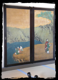 The two panels of a painting showing biwa and igo players