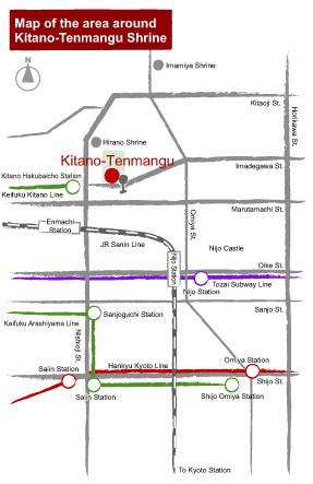 Map of the area around Kitano-Tenmangu Shrine