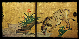 "Gunko-zu" fusuma painting (Tiger drinking water)