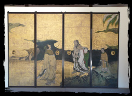 The four panels of a painting showing hermits and children