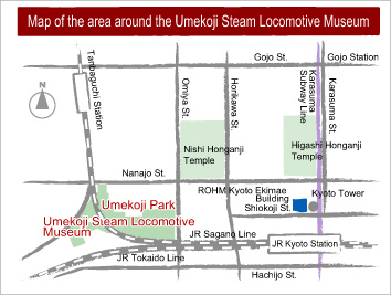 Map of the area around the Umekoji Steam Locomotive Museum
